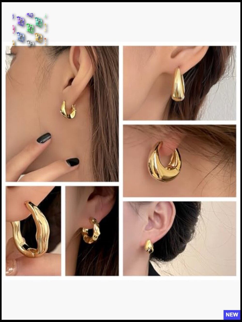6 Pairs Chunky Gold Hoop Earrings Set for Women, 14K Gold Plated Huggie - Picture 3 of 7